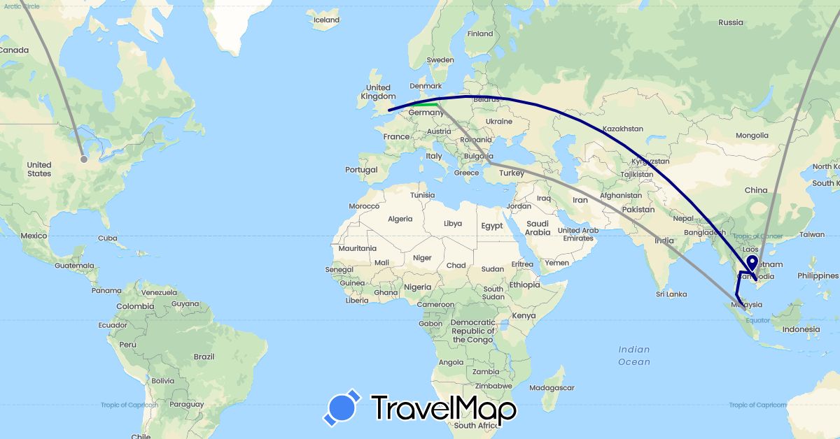 TravelMap itinerary: driving, bus, plane in Germany, United Kingdom, Cambodia, Malaysia, Netherlands, Thailand, Turkey, United States (Asia, Europe, North America)